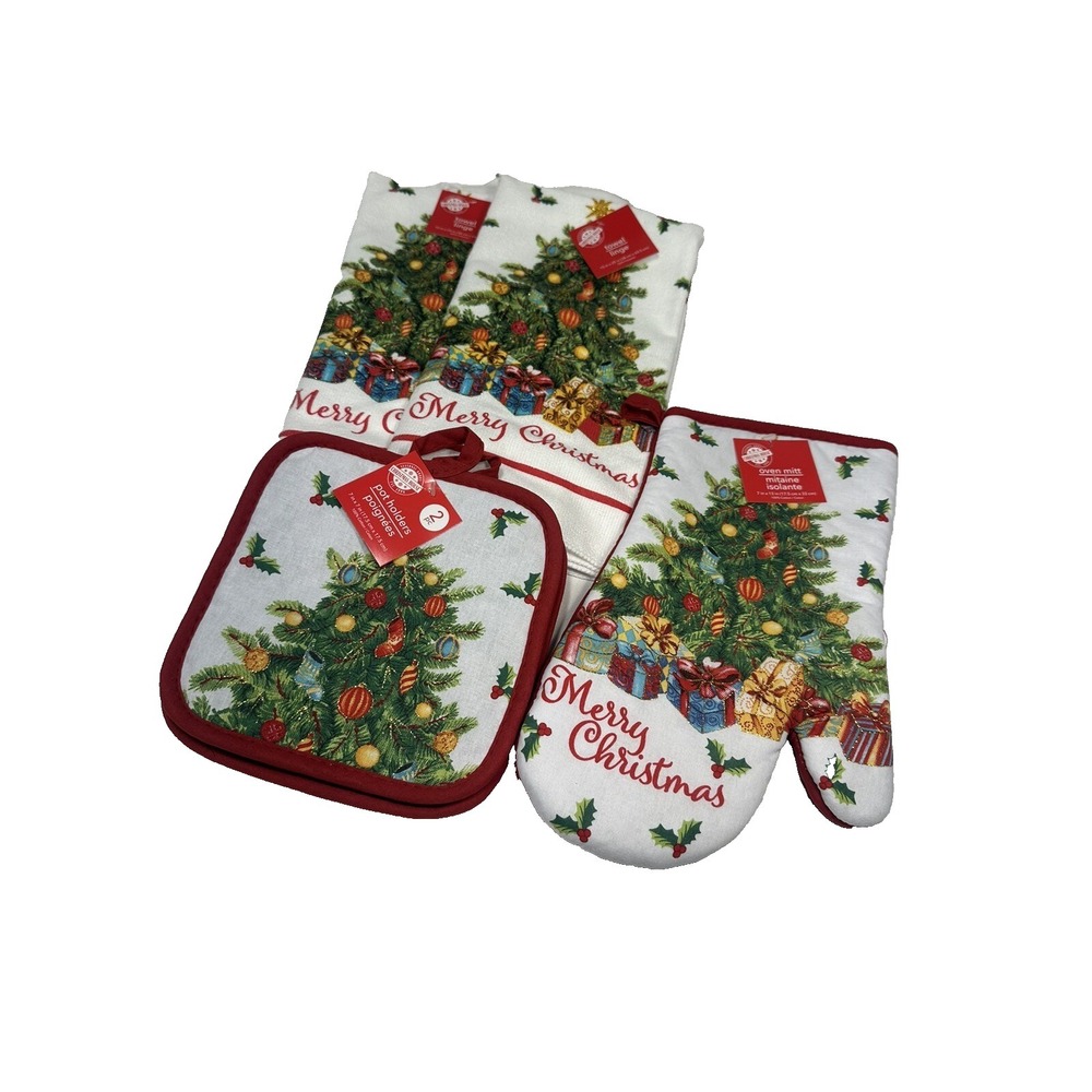 christmas house kitchen set 2 towels 2 pot holders 1‎ oven mitt